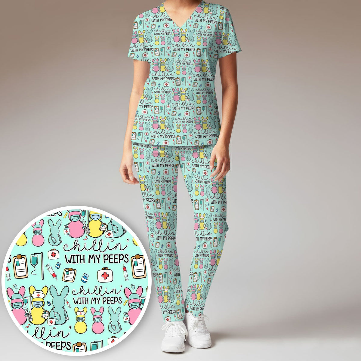Bunny Nurse Chillin With My Peeps Scrub Set - Easter Gift