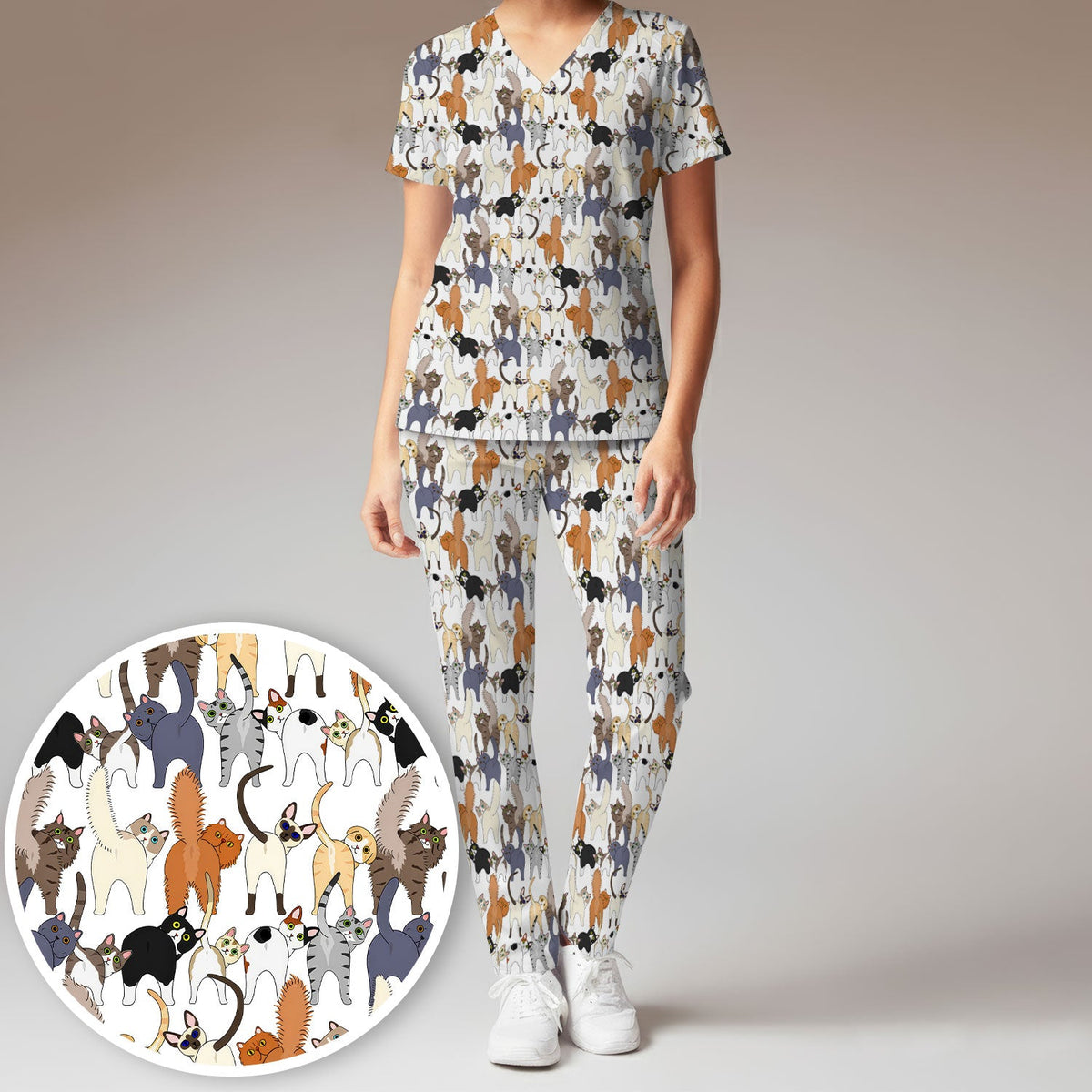 Whimsical Multicolor Cat Cartoon Nurse Scrub Set