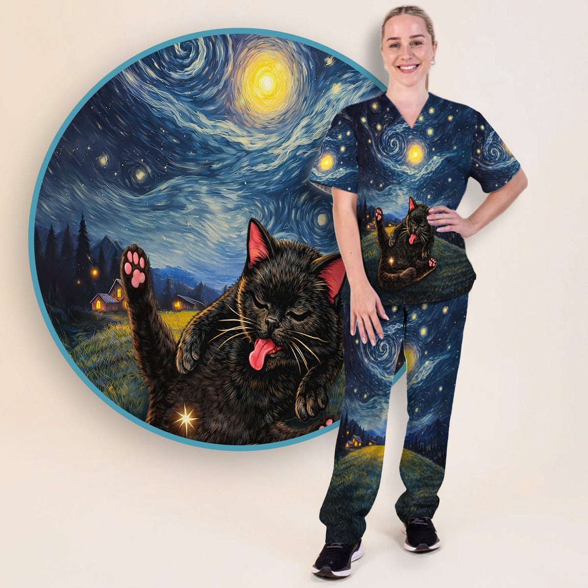 Black Cat Cosmic Night Sky Nurse Scrub Set