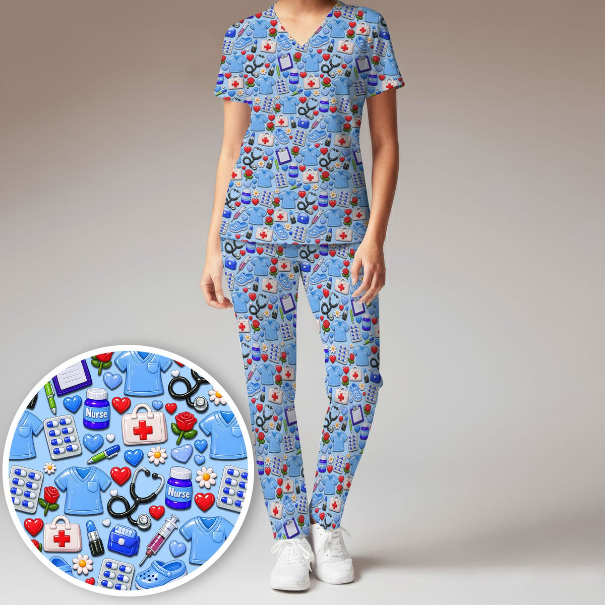 Medical Icons Scrub Set, Cute Pattern Nurse Shirt, Breathable Fabrics Nursing Uniform