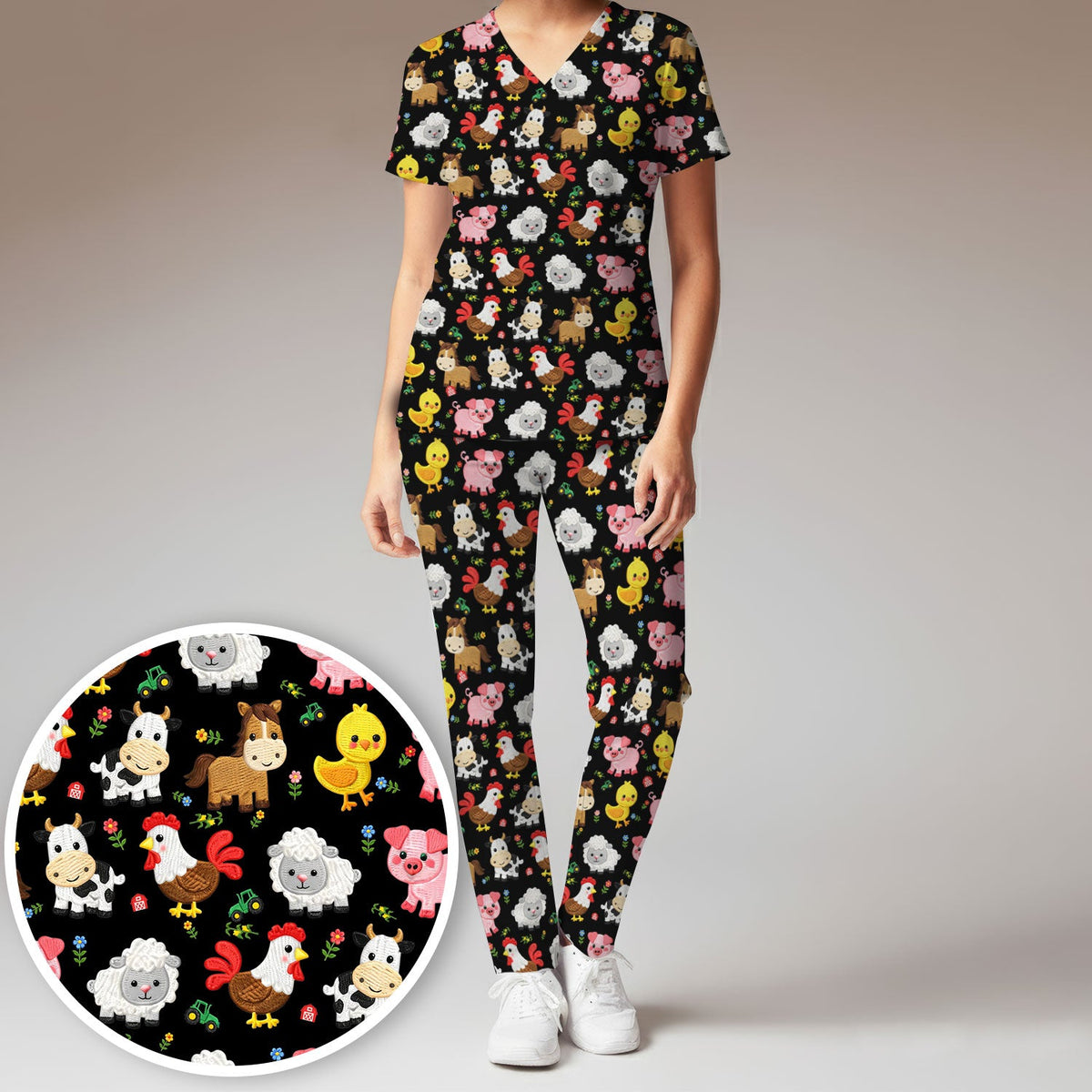 Cartoon Farm Animal Nurse Scrub Set