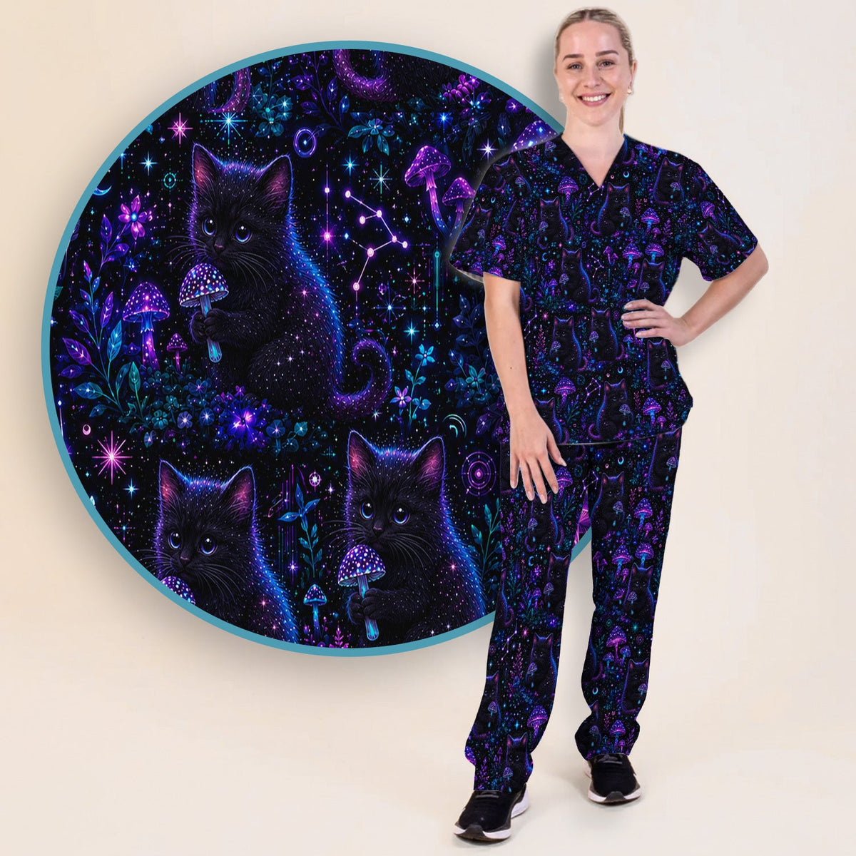 Neon Black Cat Mushroom Galaxy Nurse Scrub Set