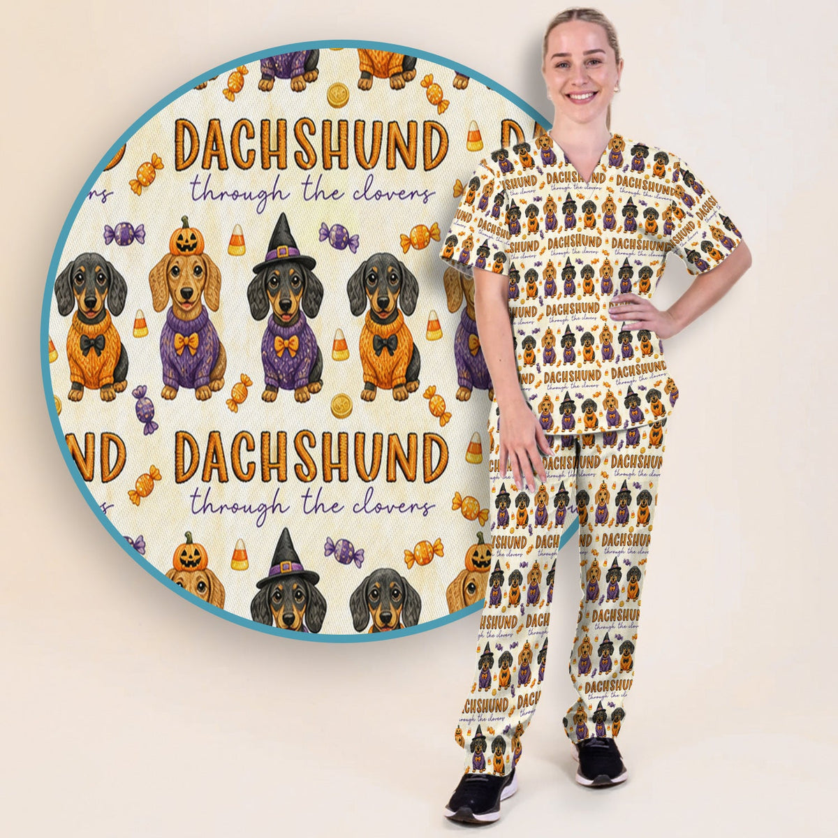 Candy Dachshund Pattern Scrub Set, Scrub Pants and V Neck Top