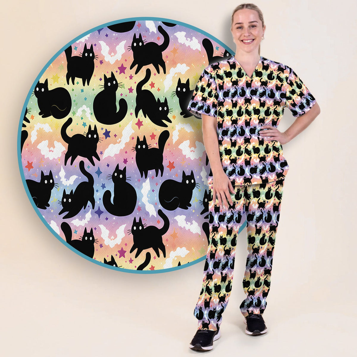 Pastel Star Black Cat Nurse Scrub Set