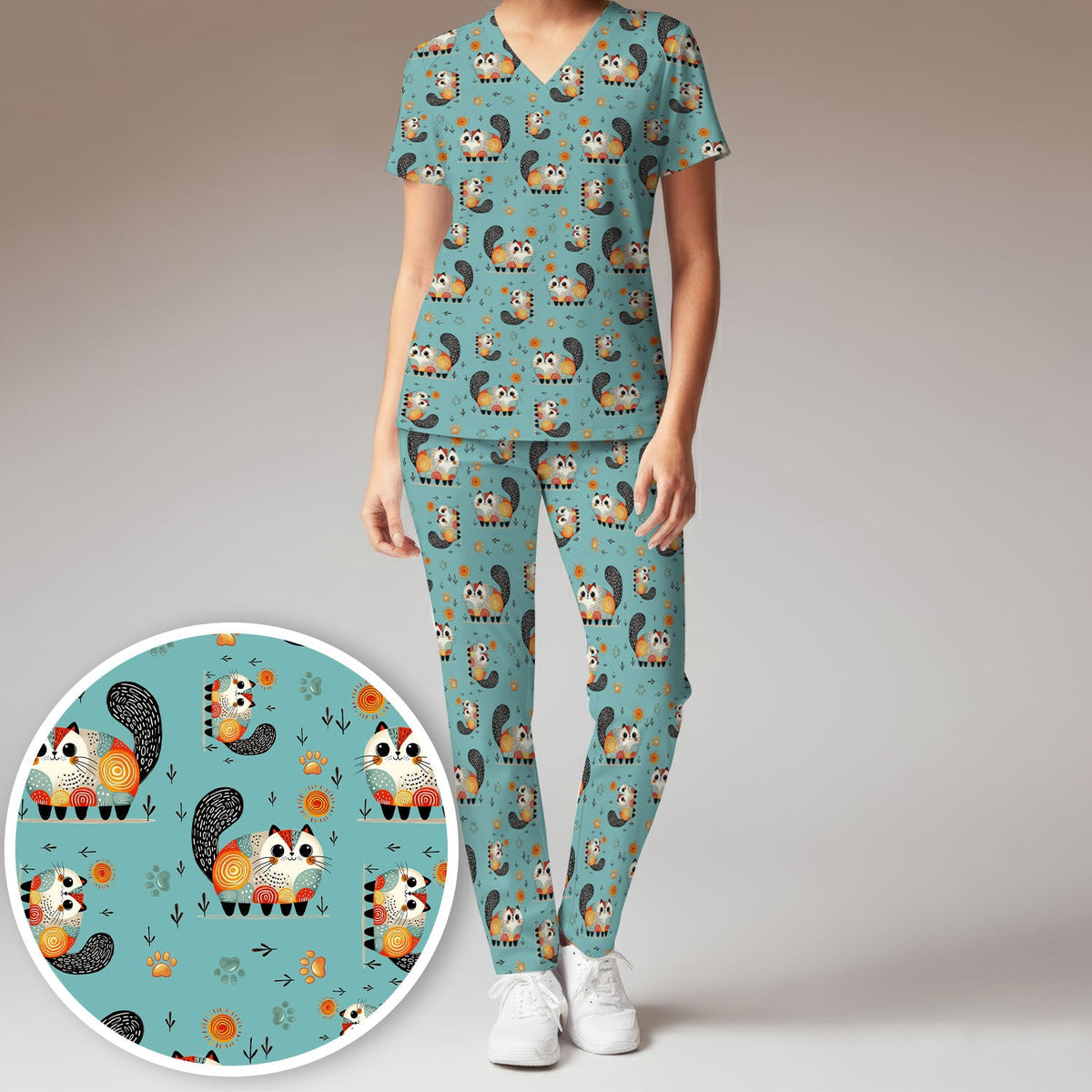 Cat Illustration Nurse Scrub Set