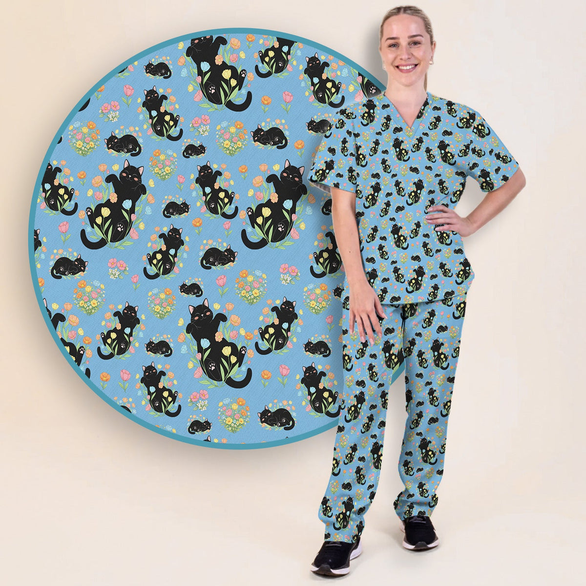 Cats Cute Poses Floral Nurse Scrub Set