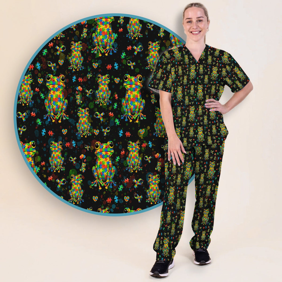 Colorful Autism Puzzle Frog Nurse Scrub Set