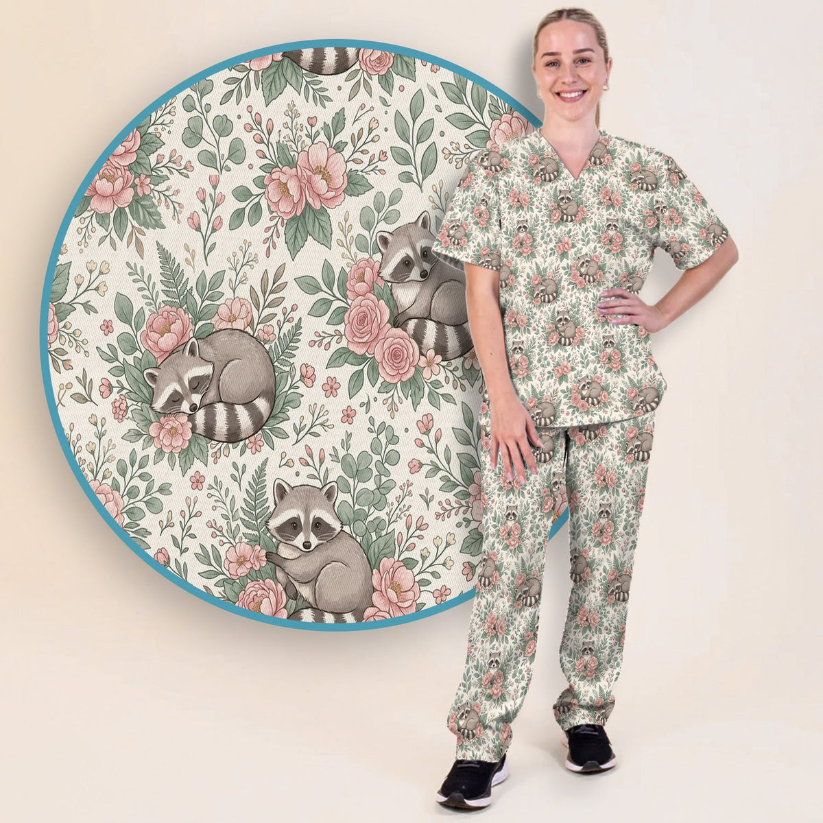 Sleeping Raccoon Rose Garden Nurse Scrub Set