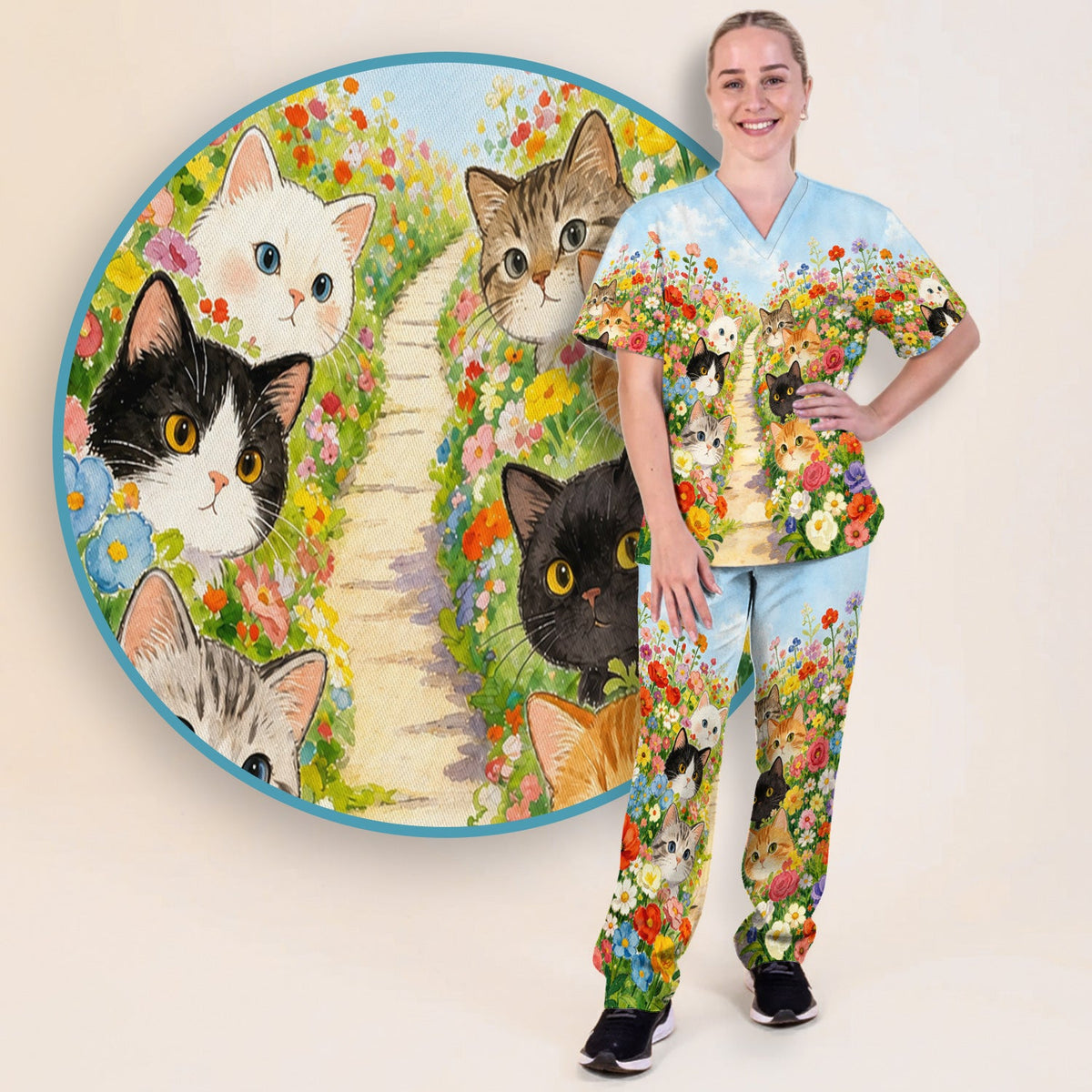Garden Cats Flower Path Nurse Scrub Set