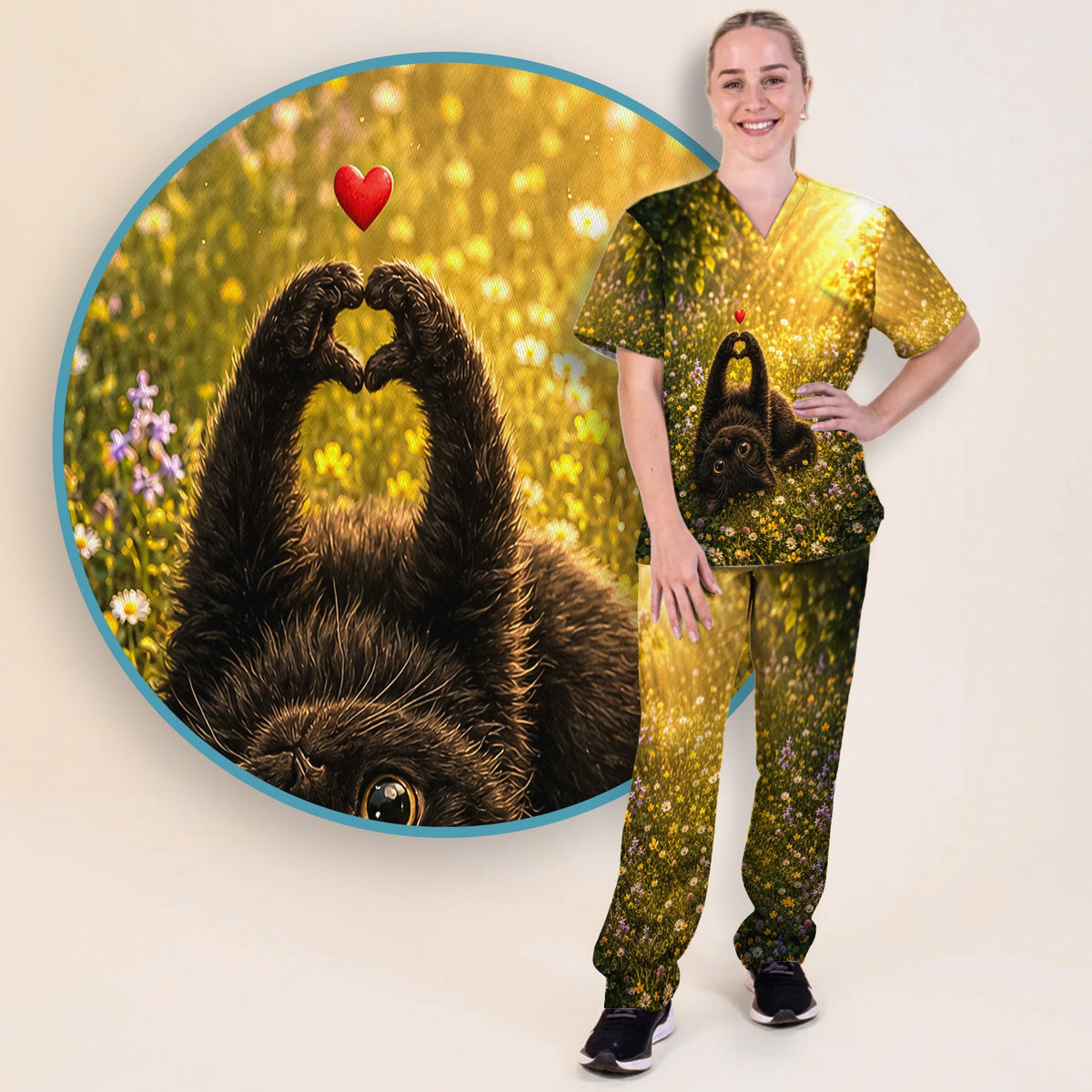 Upside Down Black Cat Meadow Nurse Scrub Set
