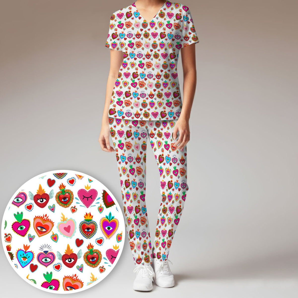 Valentine Colorful Sacred Heart Nurse Scrub Set