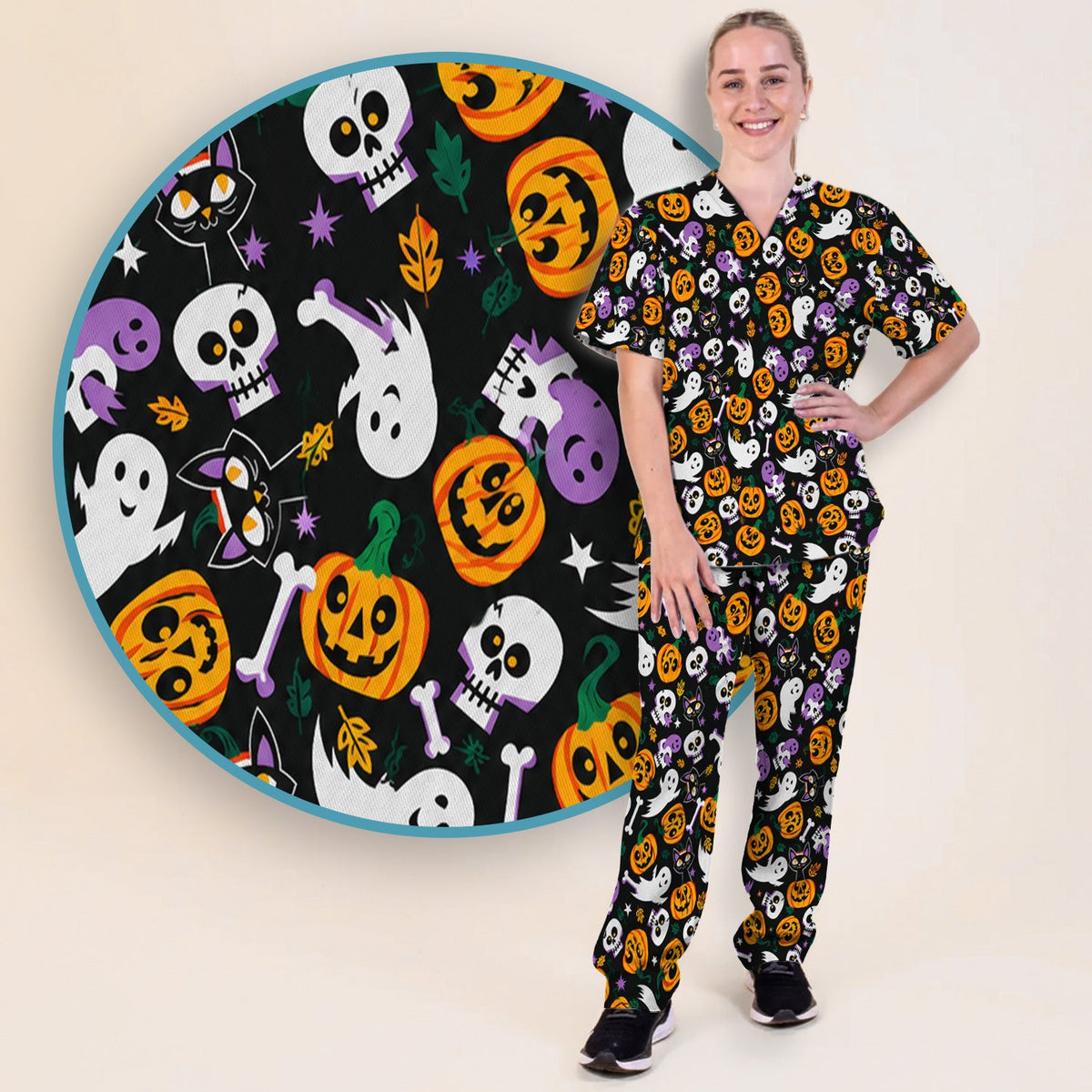 Spooky Pumpkin Ghost Print Nurse Scrub Set