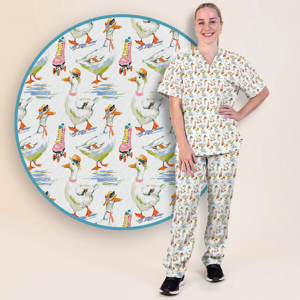 Roller Skating Goose Nurse Scrub Set