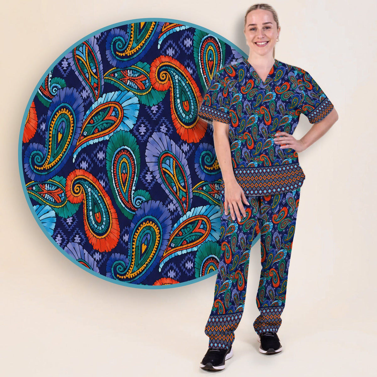 Colorful Paisley Geometric Border Nurse Scrub Set