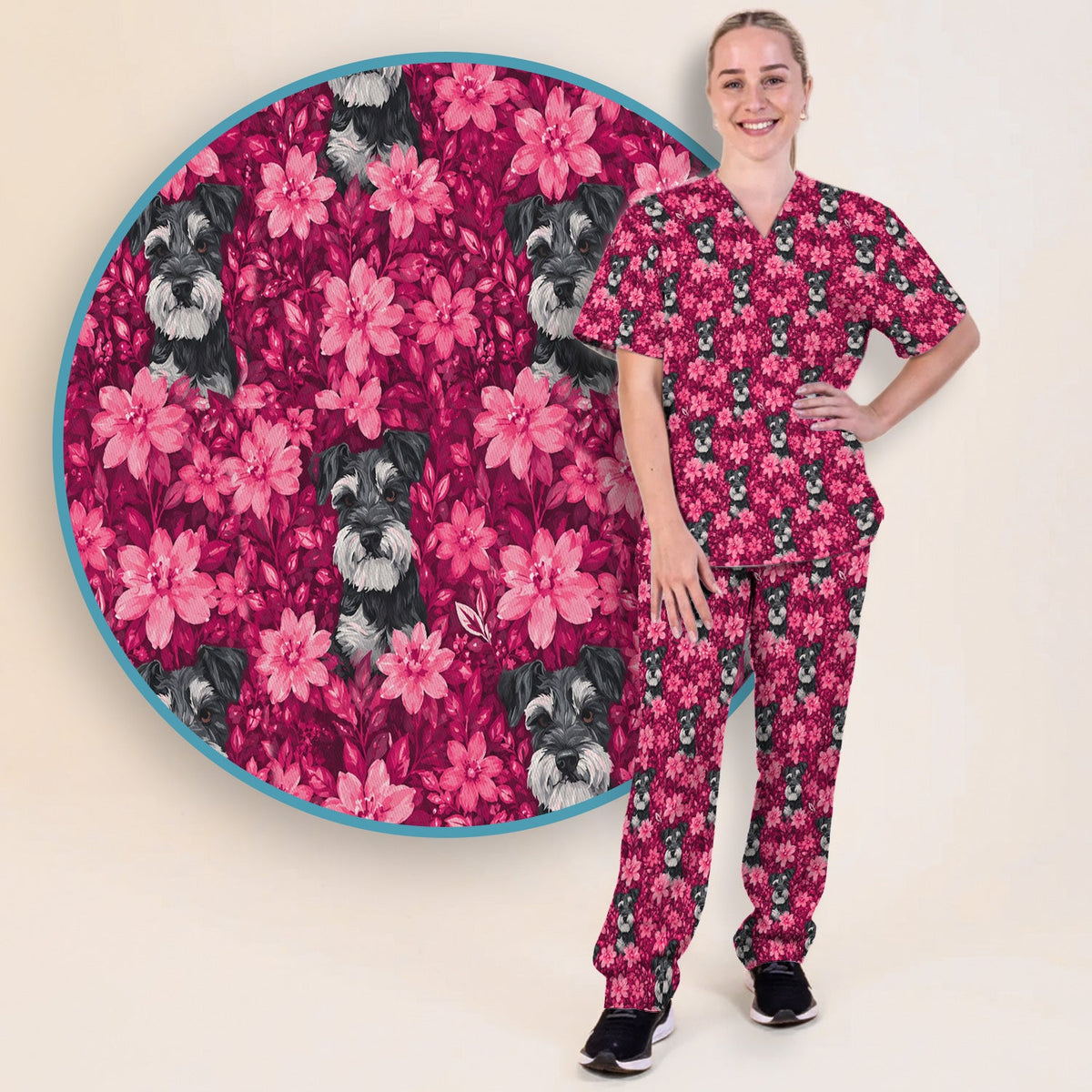 Pink Floral Schnauzer Nurse Scrub Set