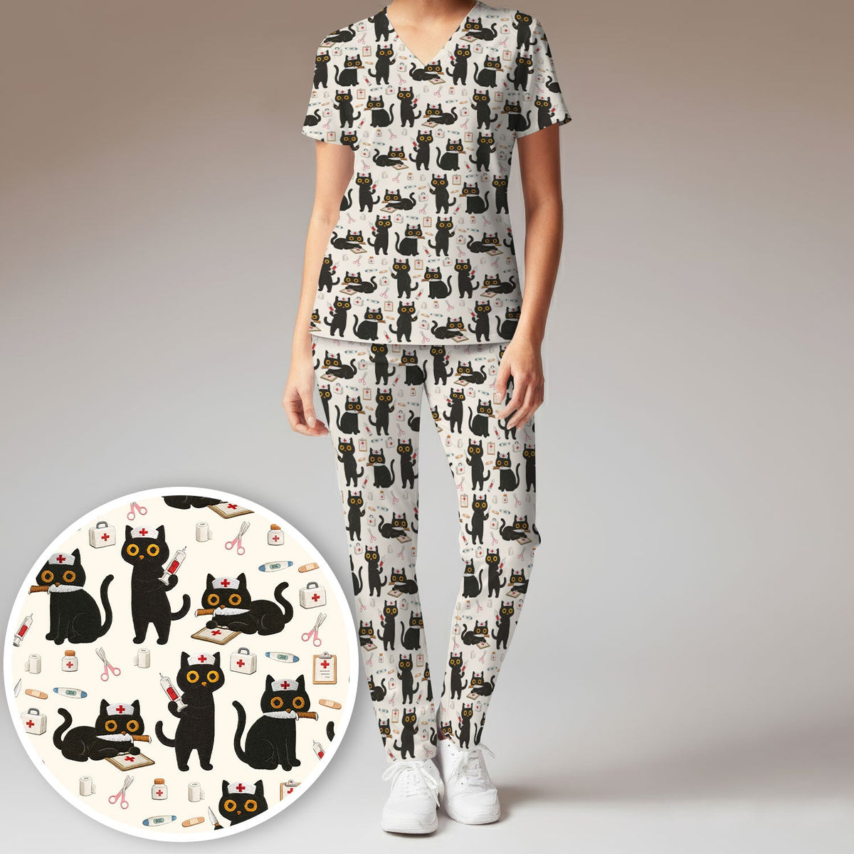 Cute Teal Black Cat Nurse Scrub Set