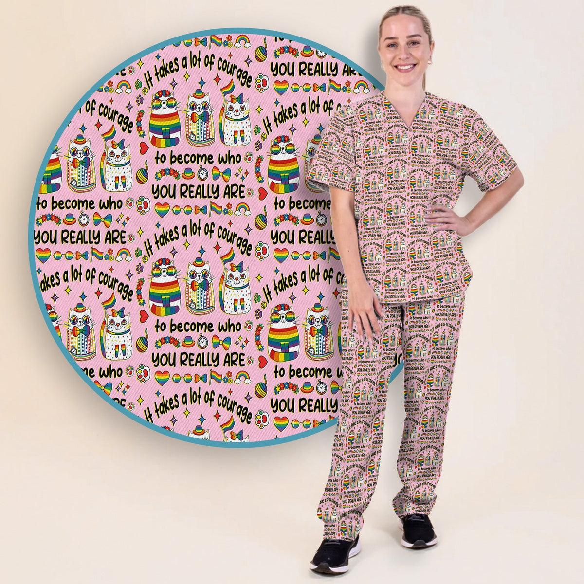 Nurse Rainbow Cat Courage Scrub Set