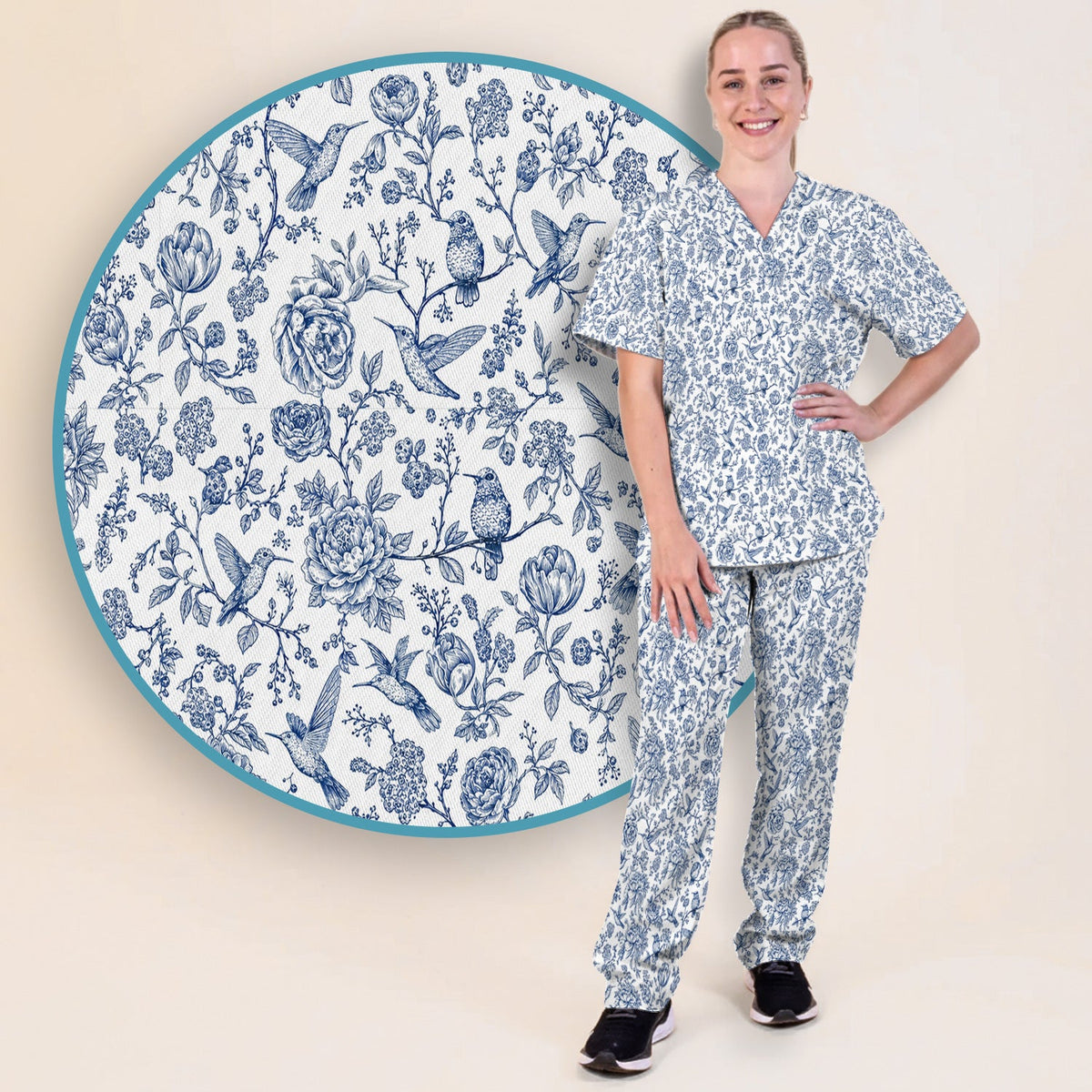 Blue Toile Hummingbird Floral Nurse Scrub Set