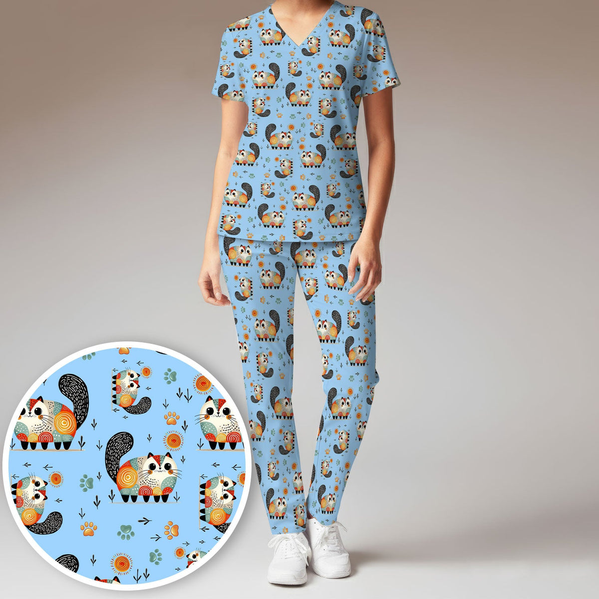 Cat Illustration Nurse Scrub Set