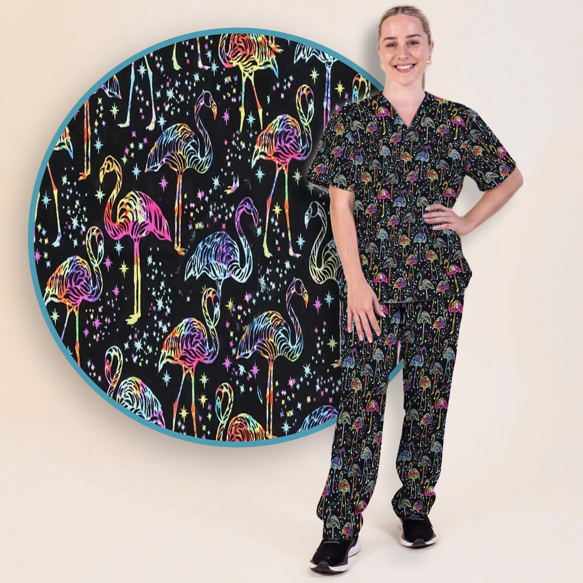 Neon Flamingo Starry Night Nurse Scrub Set