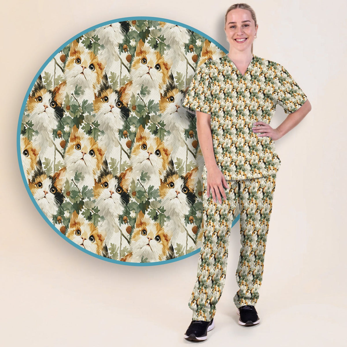 Fluffy Calico Cat Oak Leaves Nurse Scrub Set