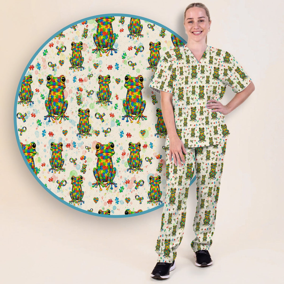 Colorful Autism Puzzle Frog Nurse Scrub Set