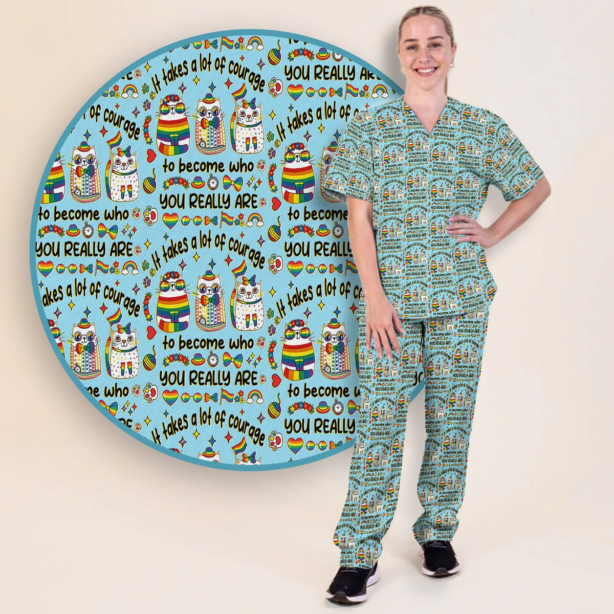 Nurse Rainbow Cat Courage Scrub Set