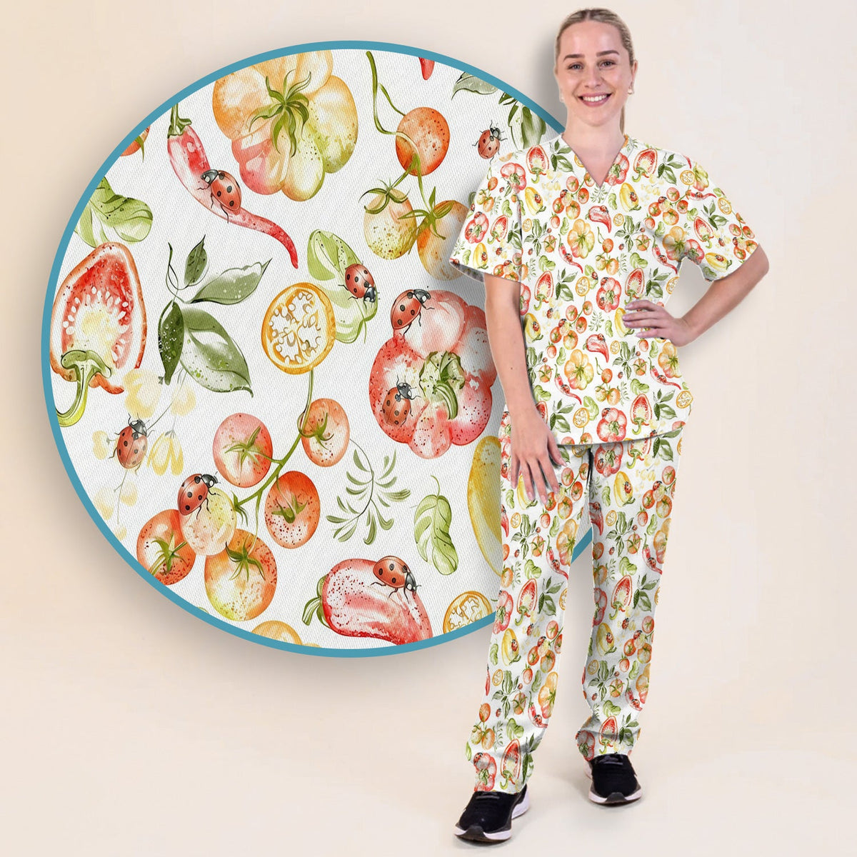 Watercolor Veggie Ladybug Nurse Scrub Set