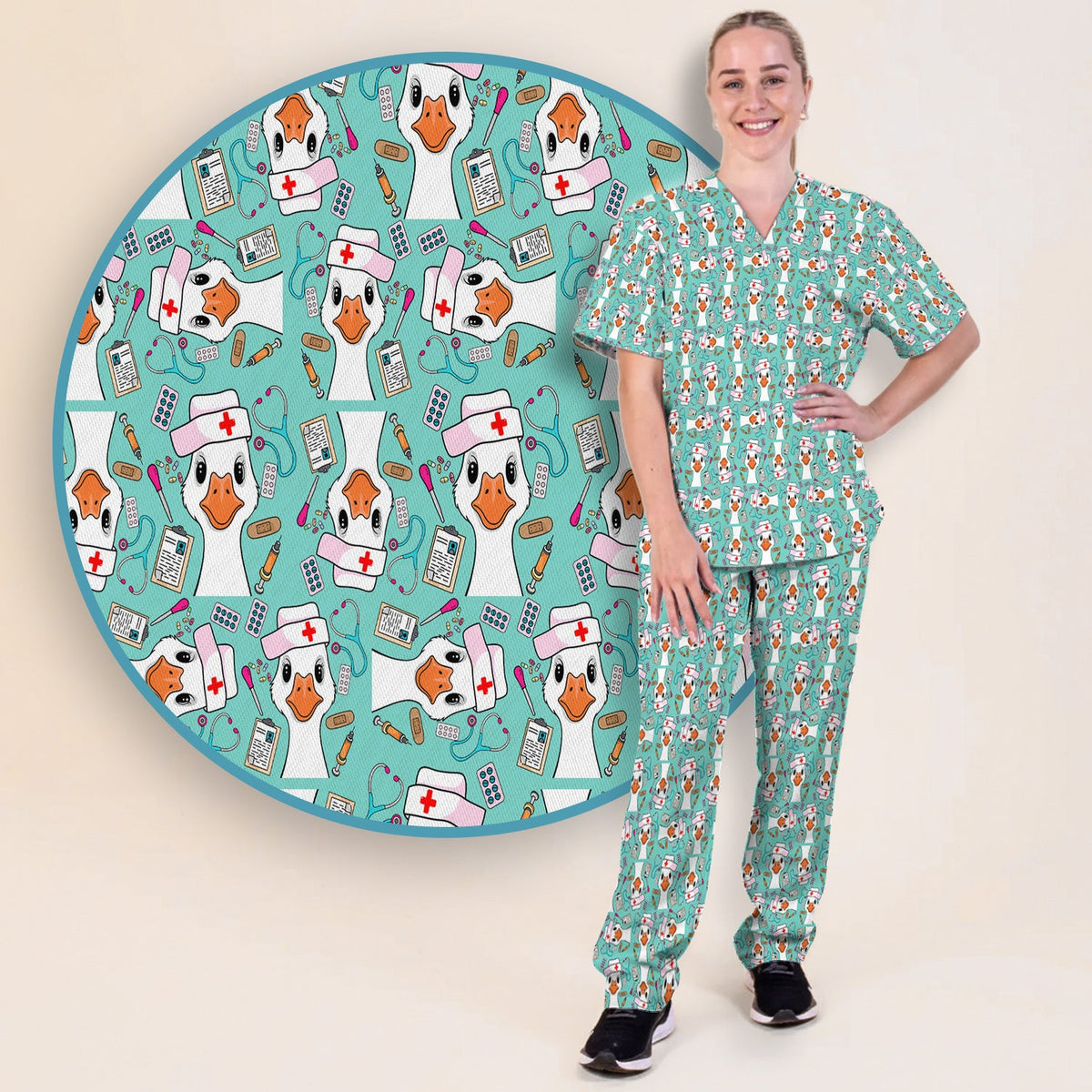 Duck Wearing Hat With Medical Tools Nurse Scrub Set
