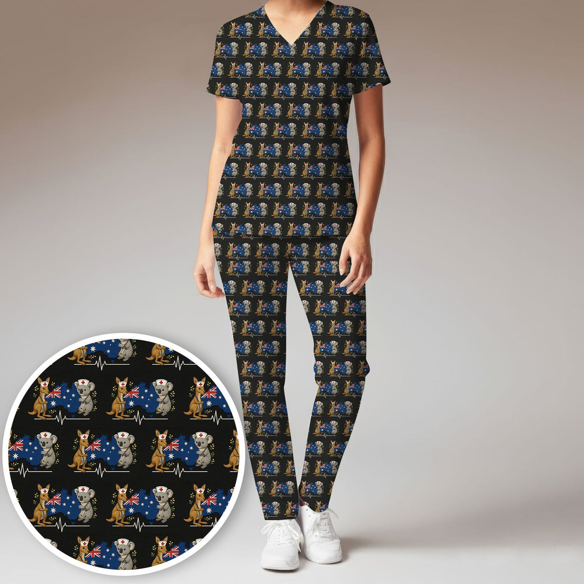 Australian Nurse Scrub Set, Cute Koala Kangaroo Heartbeat Pattern Shirt,  Breathable Fabrics Nursing Uniform