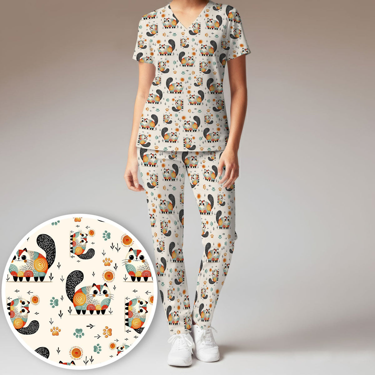 Cat Illustration Nurse Scrub Set
