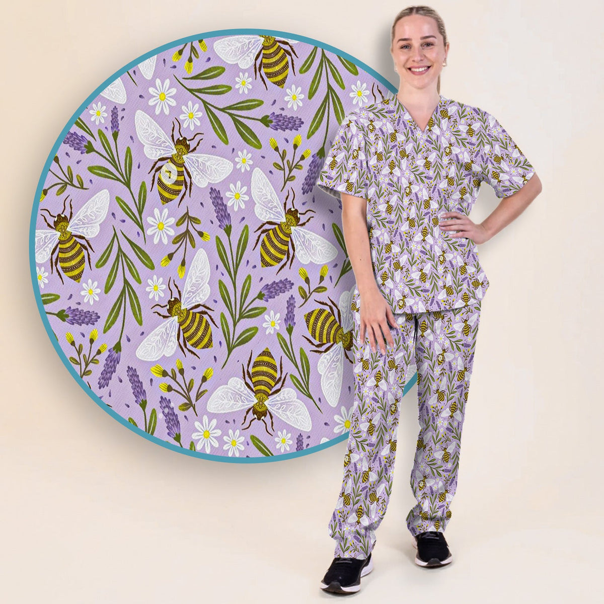 Lavender Bee Floral Nurse Scrub Set