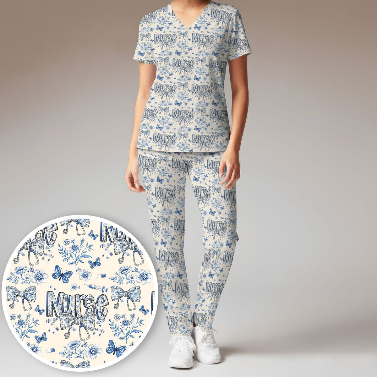 Blue Nurse Bow Butterfly Floral Scrub Set