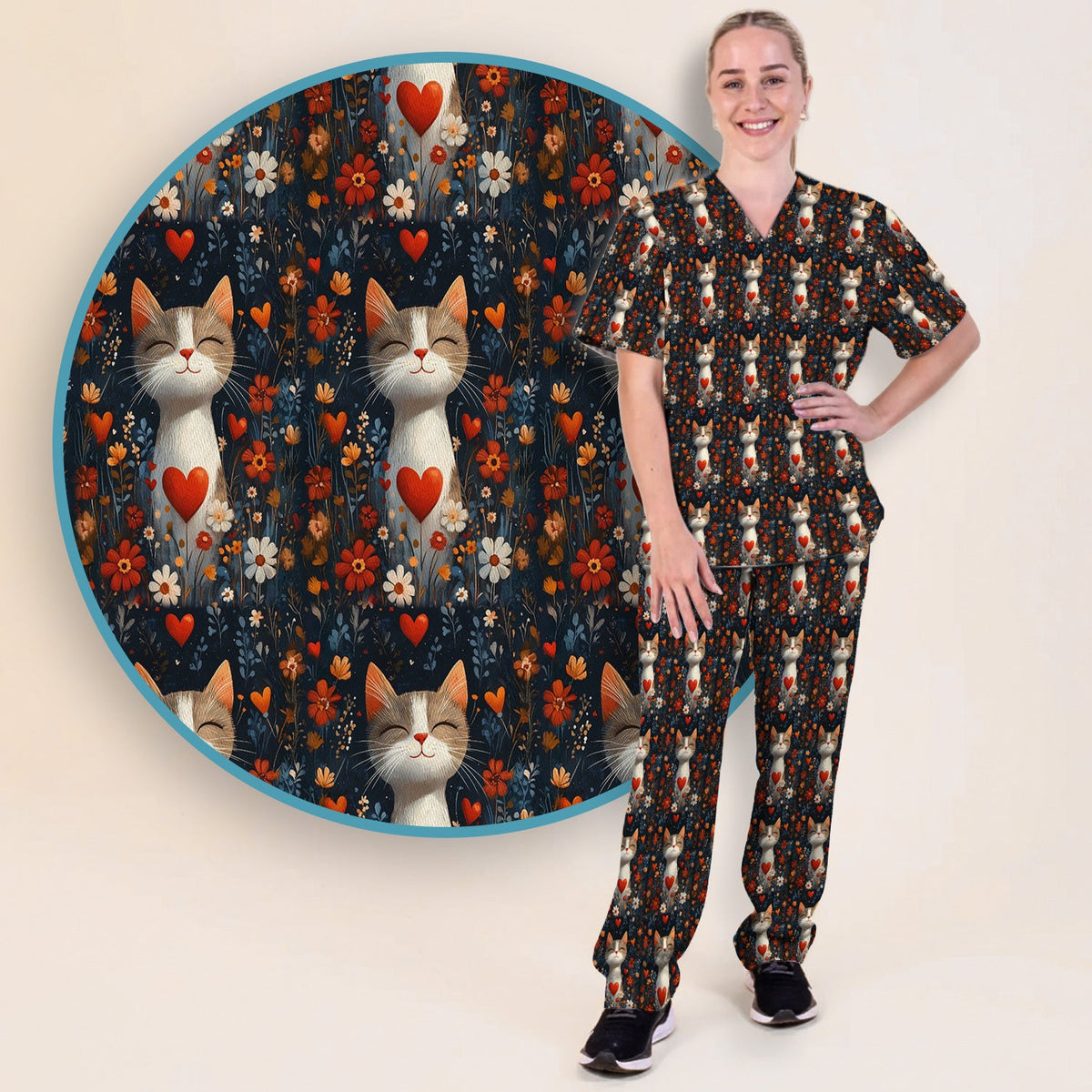 Cat Heart Floral Garden Nurse Scrub Set