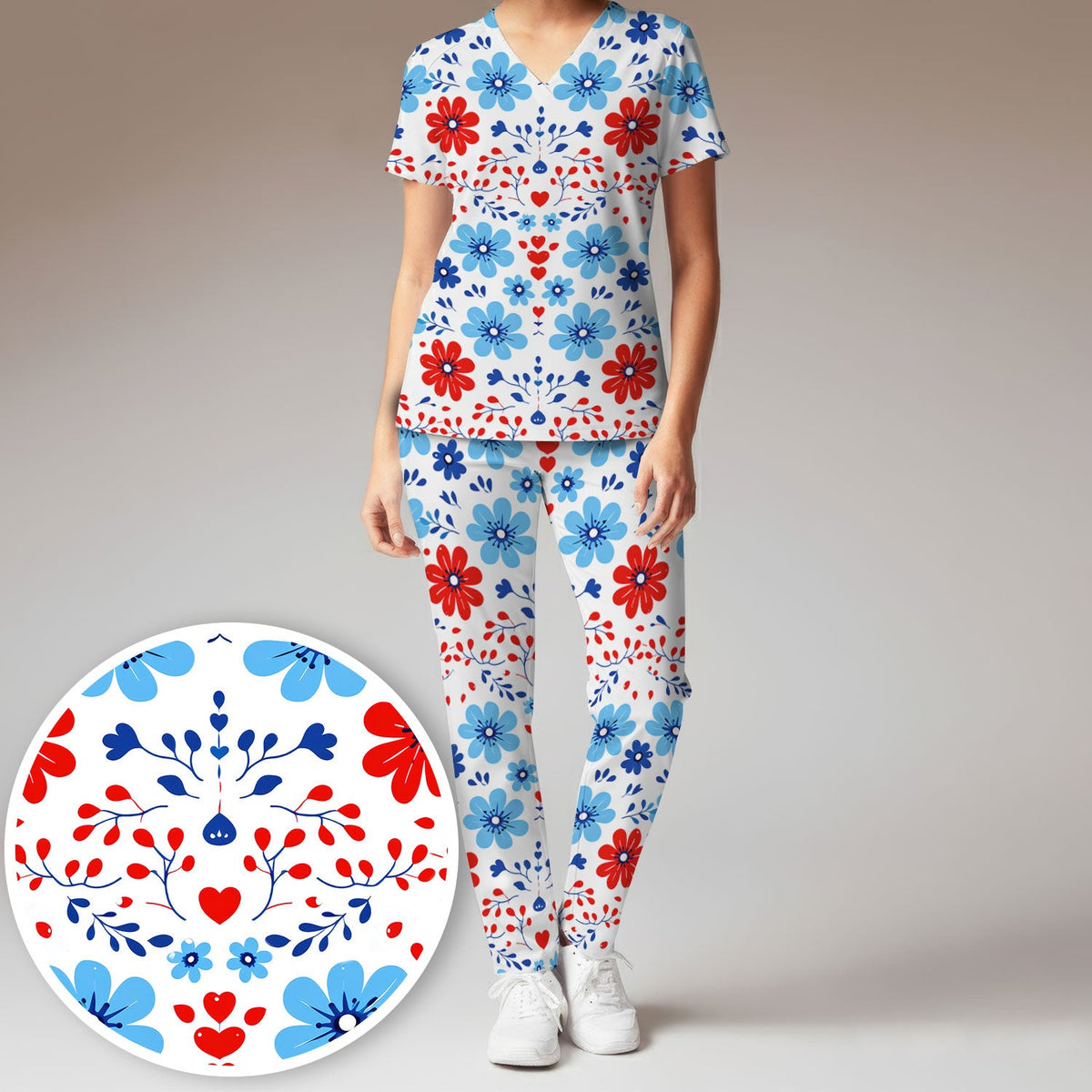 Symmetrical Folk Floral Heart Nurse Scrub Set
