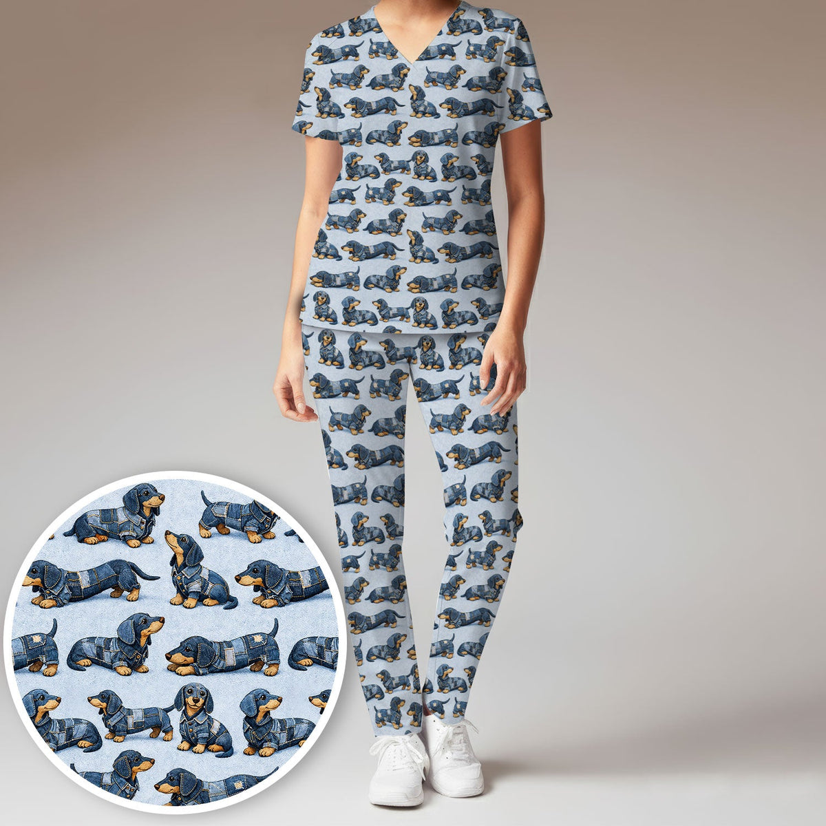 Denim Dachshund Nurse Scrub Set