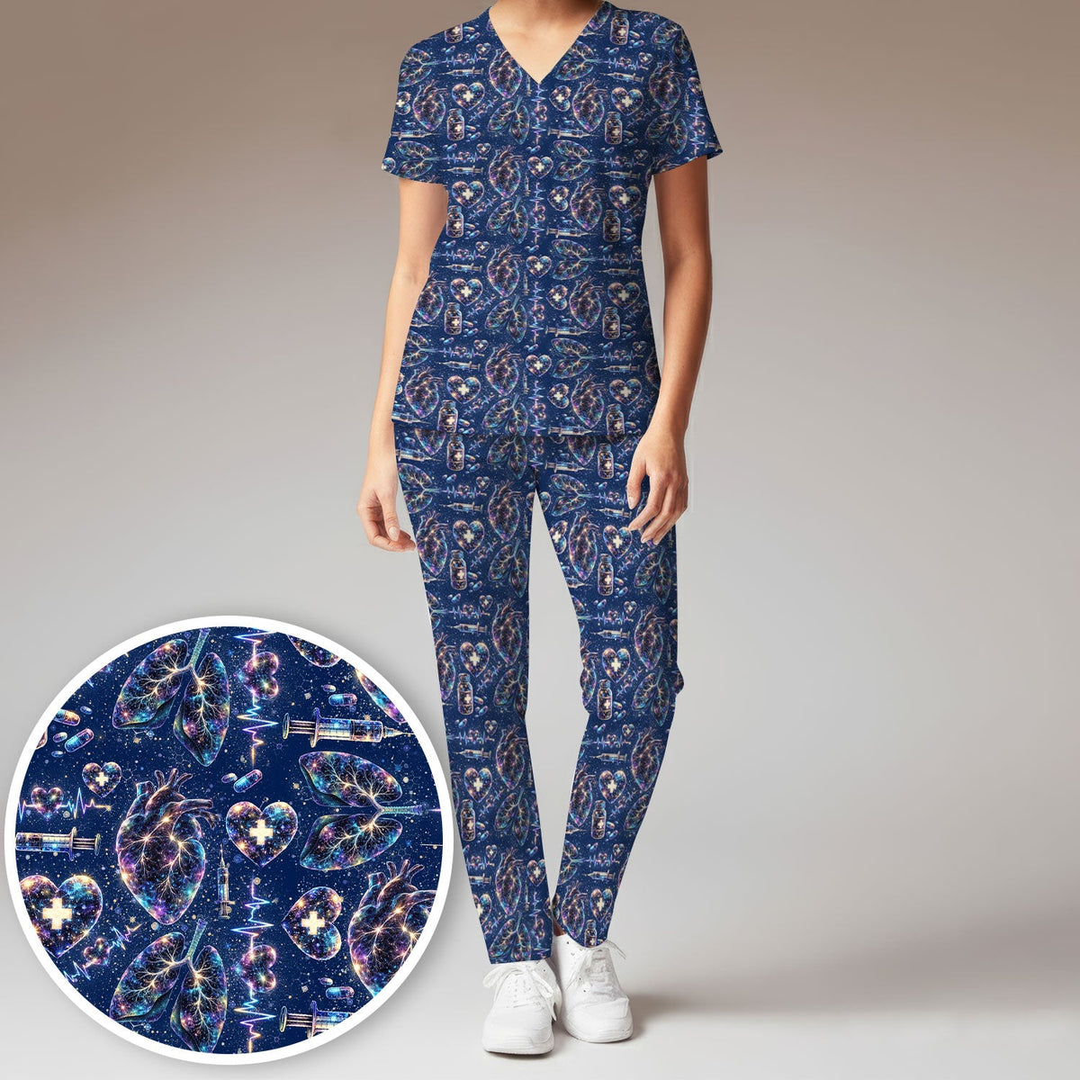 Galaxy Anatomical Heart Lung Syringe Nurse Scrub Set