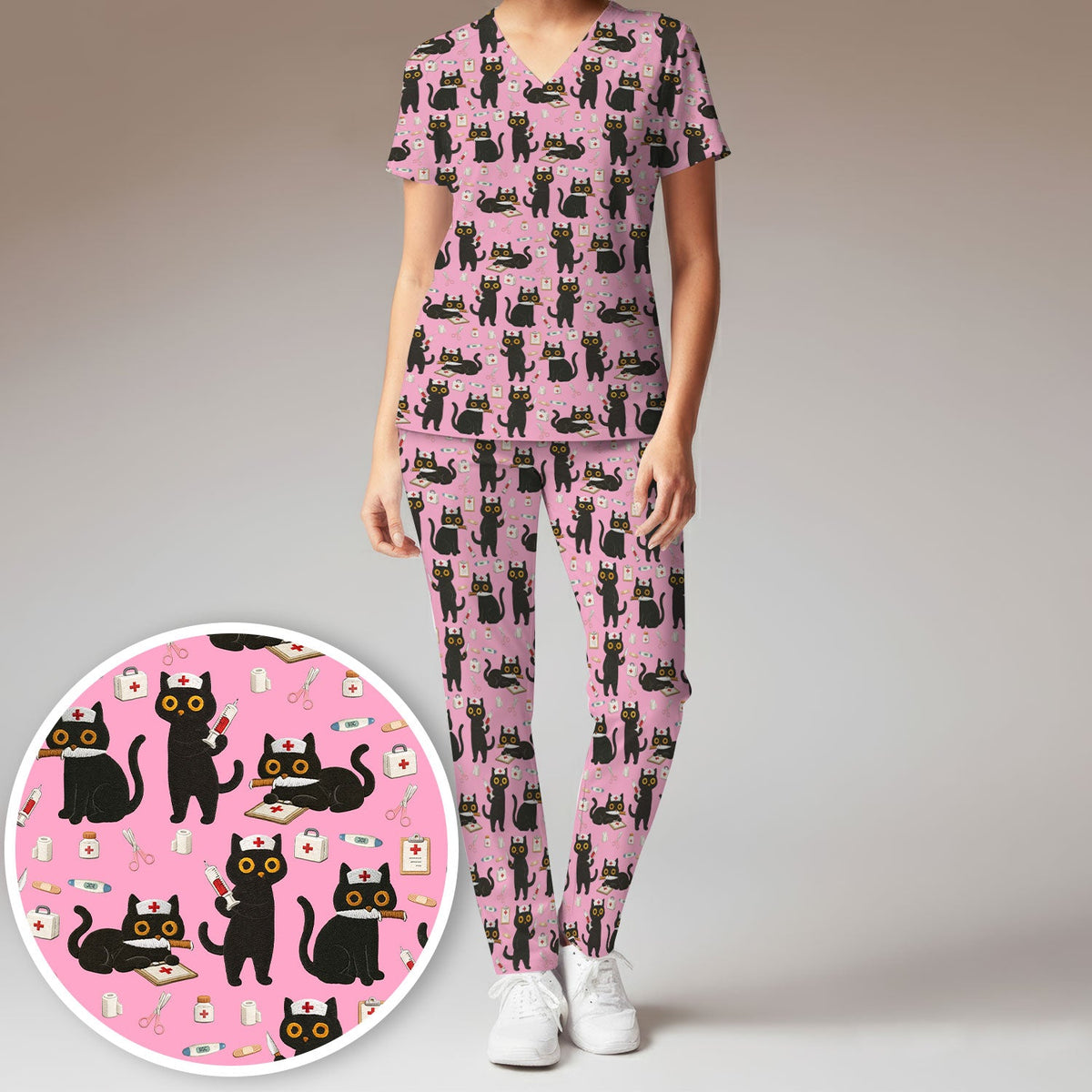 Cute Teal Black Cat Nurse Scrub Set
