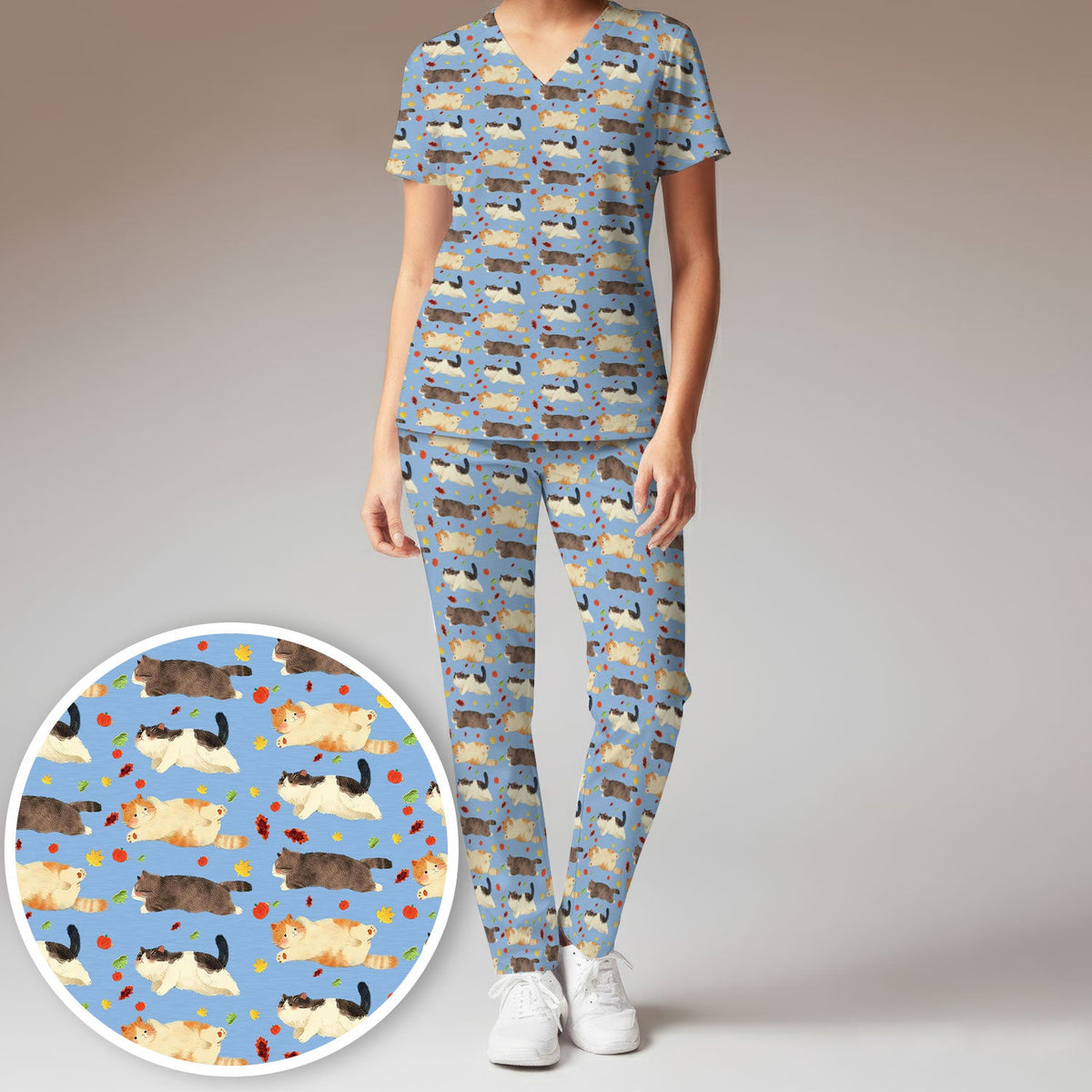 Chubby Cat Autumn Leaves Nurse Scrub Set