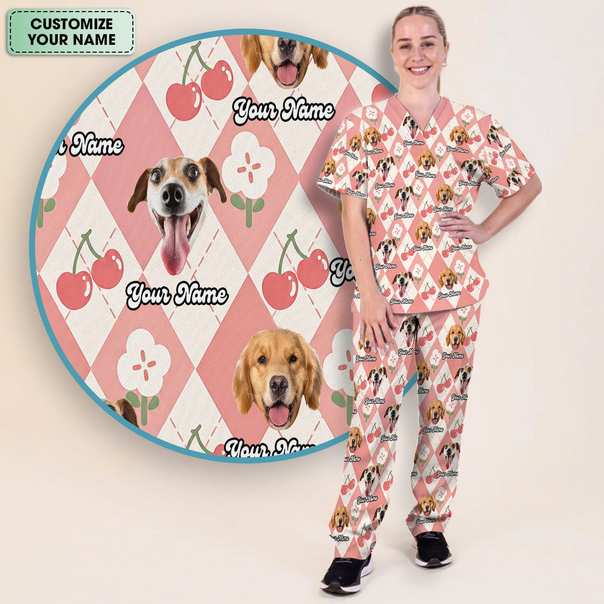 Dog Face Cherry Argyle Nurse Scrub Set