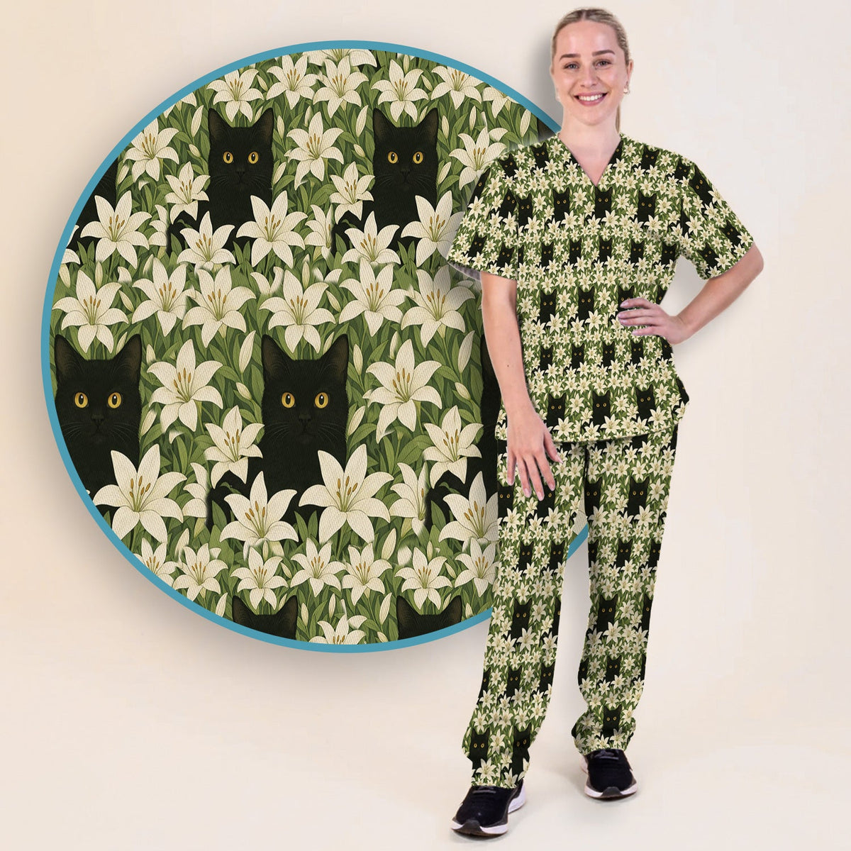 Black Cat Hidden In Lily Garden Nurse Scrub Set