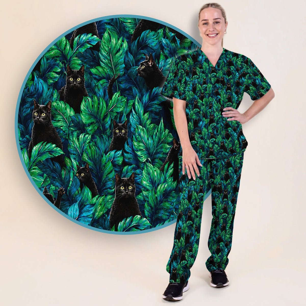 Black Cat Tropical Jungle Nurse Scrub Set