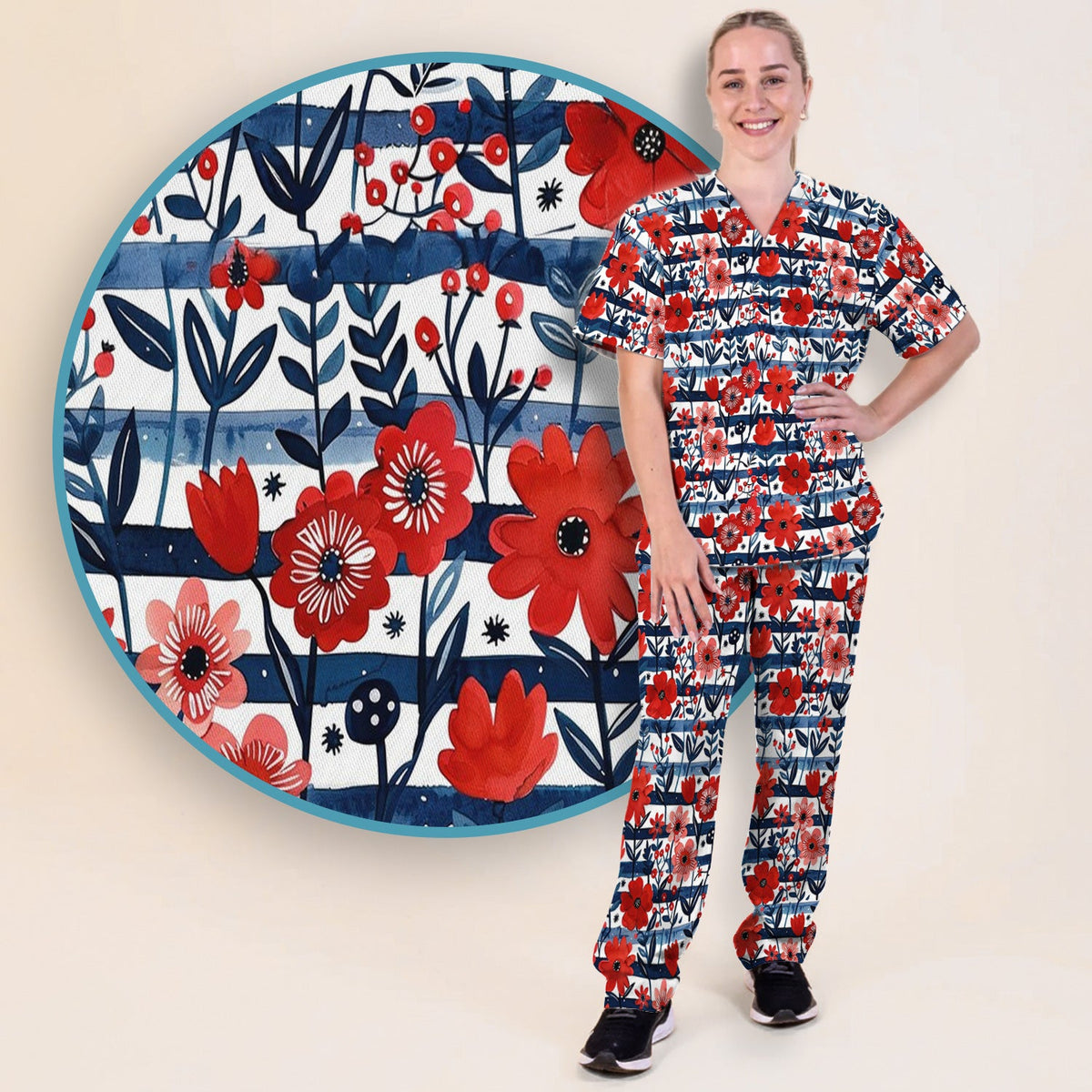 Red Poppy Navy Stripe Nurse Scrub Set