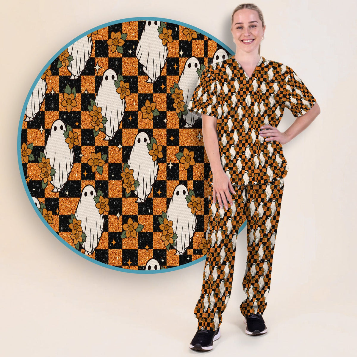 Spooky Ghost Checkerboard Nurse Scrub Set