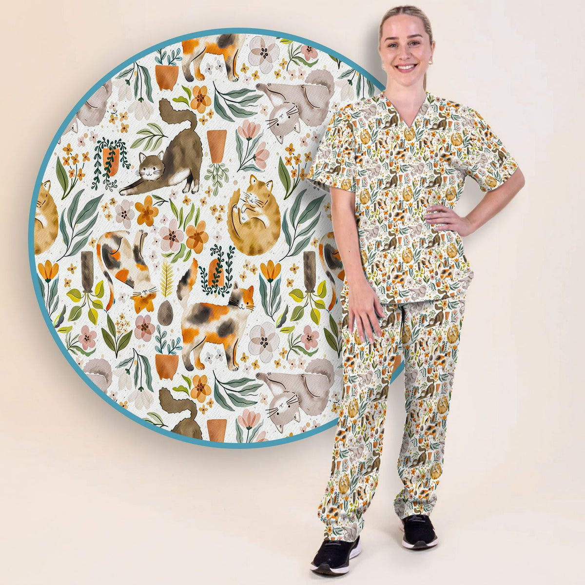 Cat Wildflower Garden Nurse Scrub Set