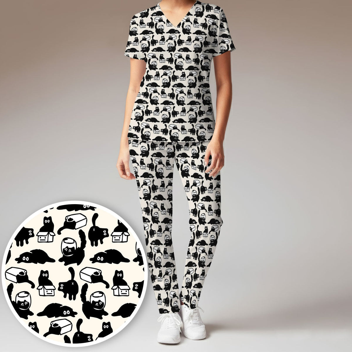 Dark Playful Cat Cartoon Pattern Scrub Set, Breathable Med Uniform