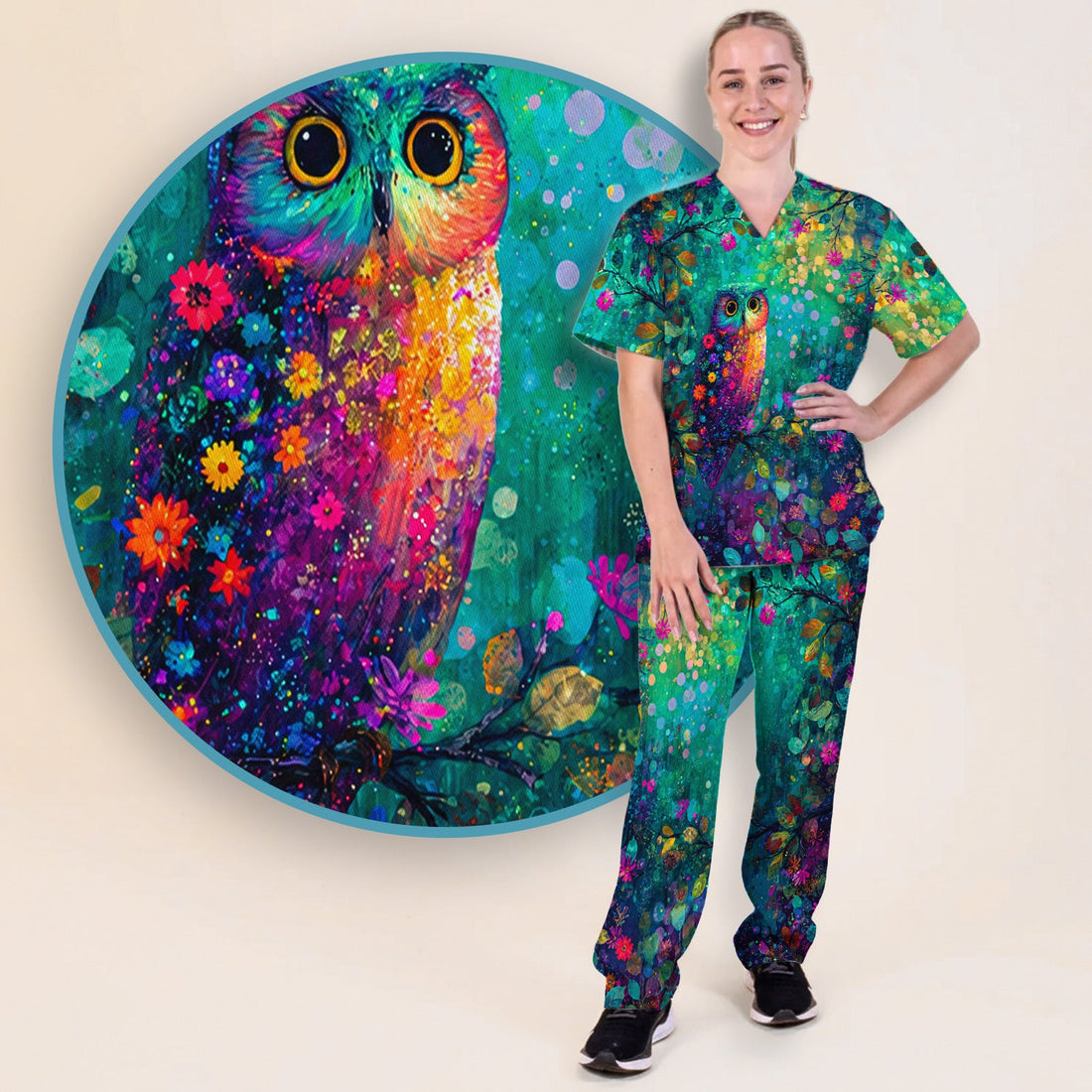 Vibrant Neon Owl Colorful Forest Nurse Scrub Set