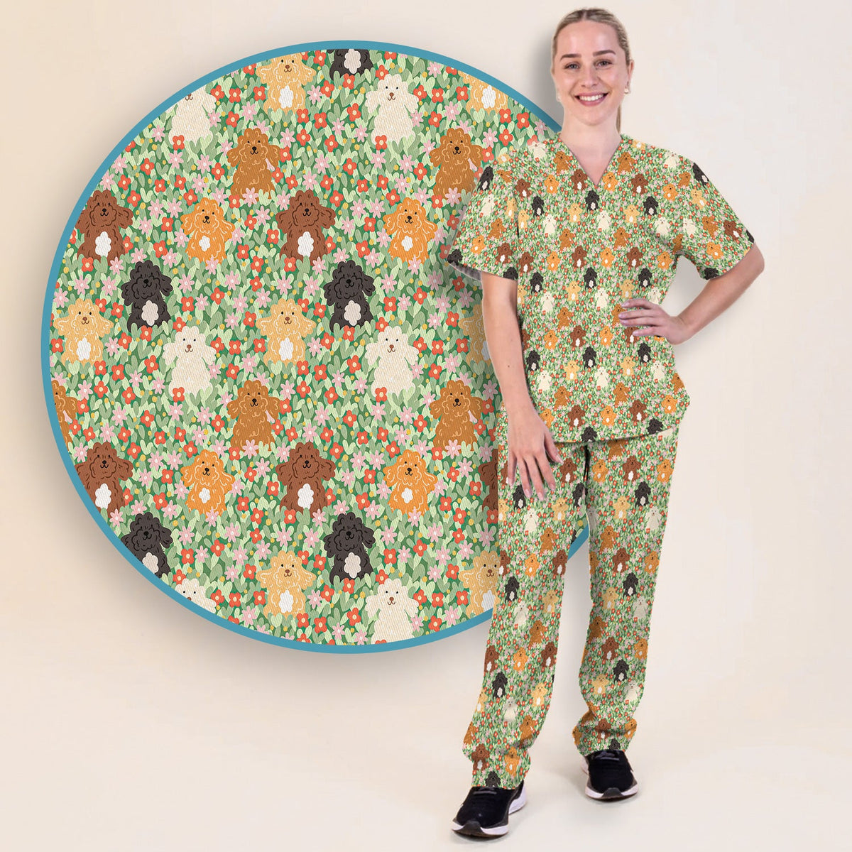 Poodle Dogs Floral Nurse Scrub Set