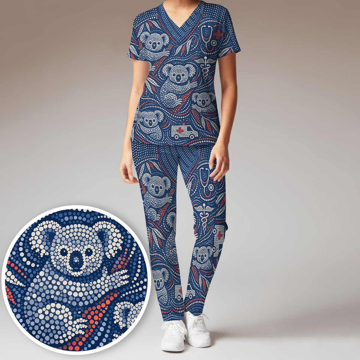 Koala Dot Art Medical Pattern Set, Women's Scrub Sets Breathable