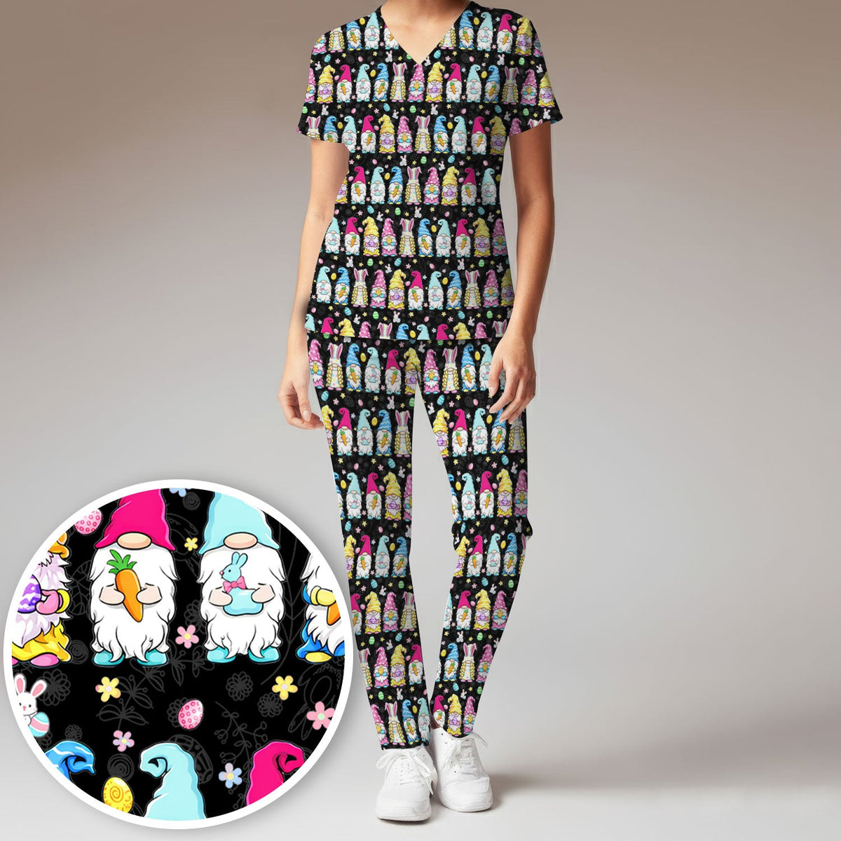 Colorful Easter Gnome Bunny Eggs Nurse Scrub Set